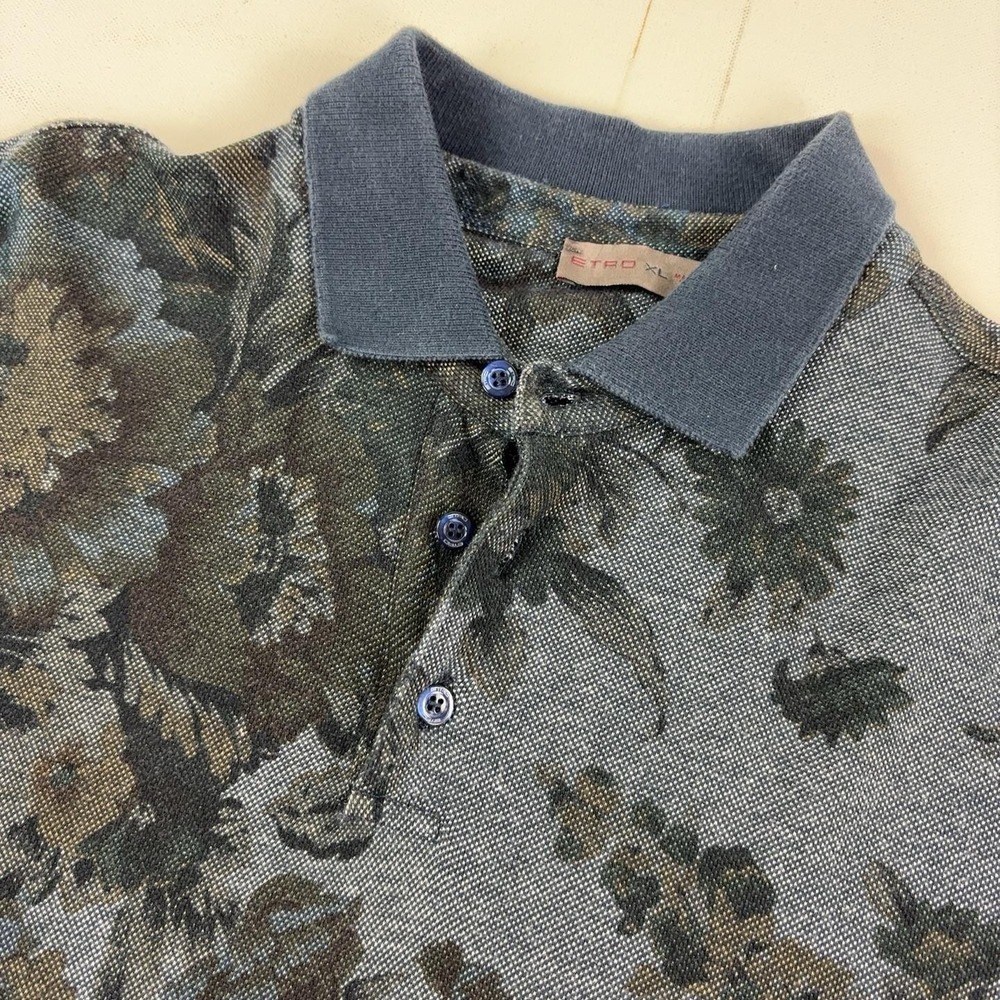 Etro Polo Shirt Mens XL Blue Floral Print Cotton Knit Made In Italy Short Sleeve